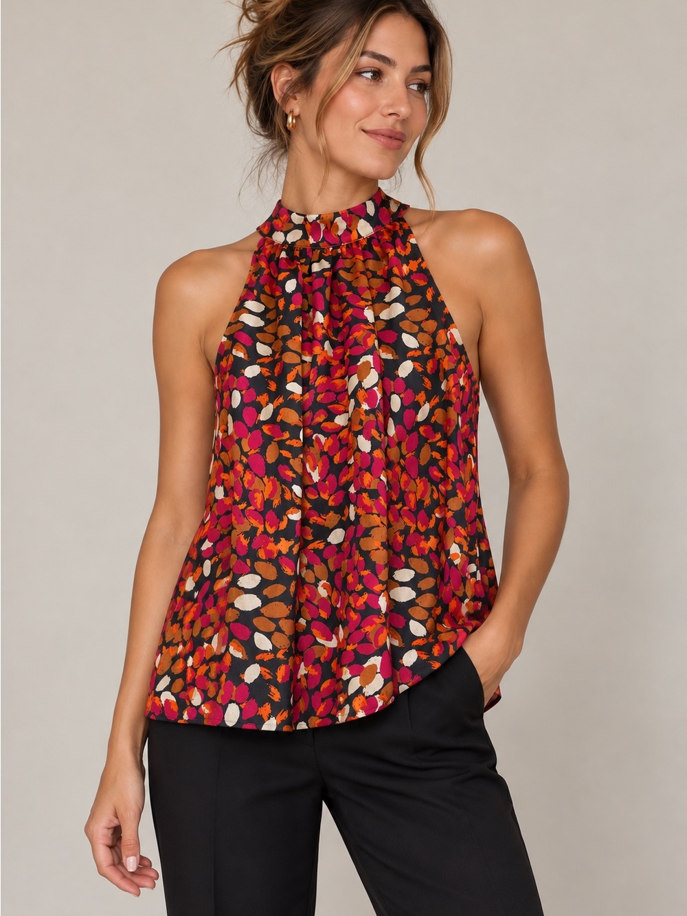 Liverpool Los Angeles Floral Halter Top Medium Black Pink Orange Mock Neck